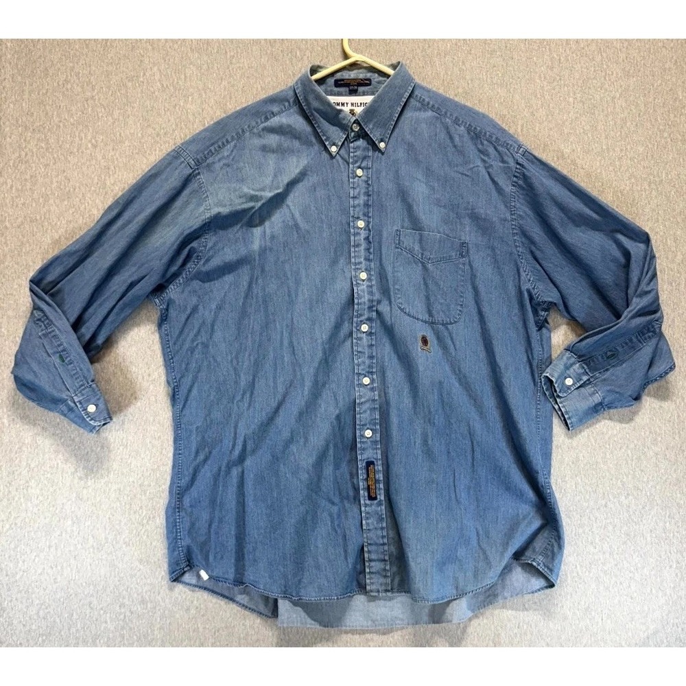 VTG Tommy Hilfiger Shirt Mens 17 1/2 34 Blue Denim Cotton Lion Crest Button Down